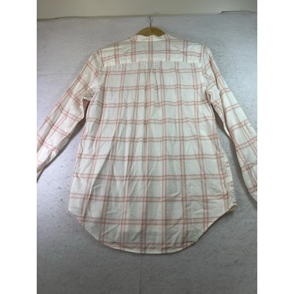 Lands End Pink Ivory Cotton Flannel Plaid Shirt Sz 6 Pintucks Roll Tab Sleeve